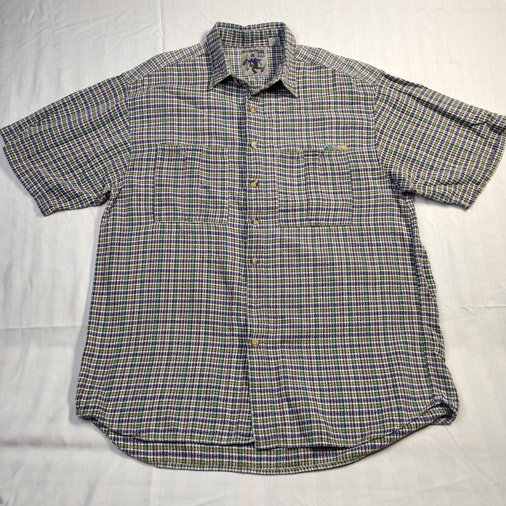VTG ExOfficio Mens XL Plaid Short Sleeve Button Down Shirt Cotton Outdoor Sport